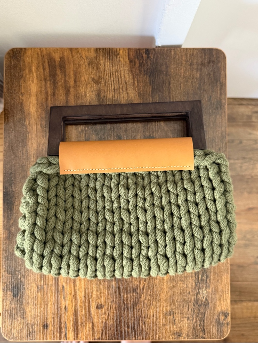 Olive Knit Clutch with Tan Leather Accent